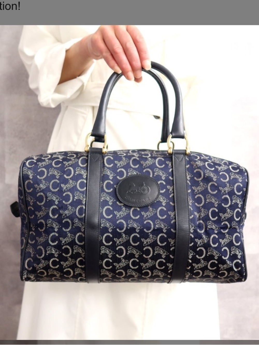 Vintage Celine Navy Macadam Canvas Satchel with Leather Trim